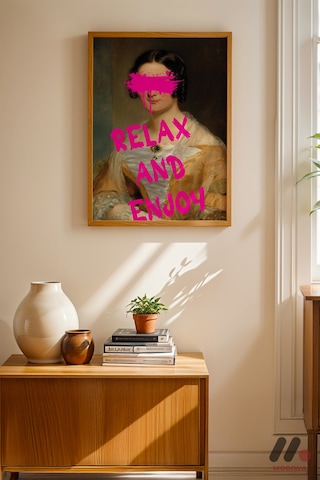 Relax And Enjoy Klasik Portre, Ahşap Çerçeveli Duvar Tablosu - Motivasyon Hediyesi