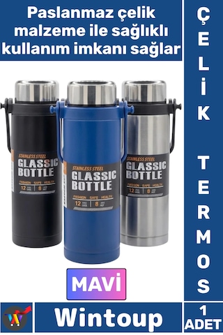 Termos Yalıtımlı Sızdırmaz Sağlam Kamp Outdoor Soğuk Sıcak Taşıma Kulplu Çelik Termos 800 Ml Mavi Çok Renkli