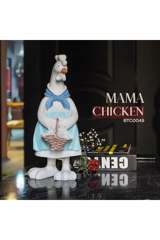 Mavi Eşarplı Ve Sepetli El Yapımı Seramik Tavuk Figürü Çiftlik Ev
