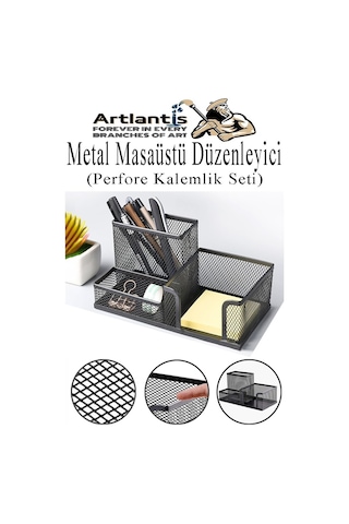 Masaüstü Metal Kalemlik Seti 3 Lü Kombo 1 Paket Fileli Perfore Siyah Kalemlik Ataşlık Kağıtlık Küpnotluk Düzenleyici Siyah