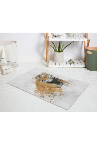 Banyo Halısı Dijital Baskılı Banyo Paspası 50x80 Polyester Kaymaz Tabanlı Duş Paspası Tiger Beyaz