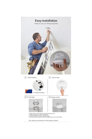 Jeemson Wifi Duman Alarmı, Tuya Uygulaması Bildirimi, 90db Sesli Alarm, 360 Algılama, 9v Pil Dahil Beyaz