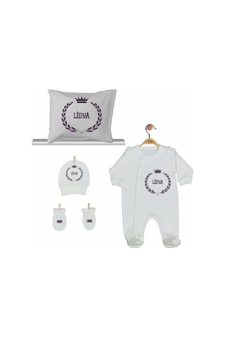 Pia Baby Gl 2006 İsme Özel Taçlı Beşli Tulum Set Krem