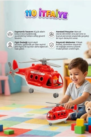 Fileli Figürlü İtfaiye Temalı Helikopter Tekerlekli Döndürülebilir Pervaneli Oyuncak Hava Taşıtı