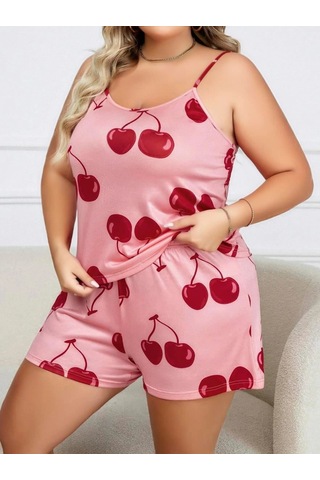 L'ombre Büyük Beden Pembe Kiraz Desen İnce Askılı Pamuklu Şortlu Pijama Takımı