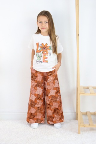 Fesshera Kız Çocuk Love Yourself Baskılı Tişört Ve Geometrik Etnik Desenli Geniş Paça Pantolon Takımı Kahverengi