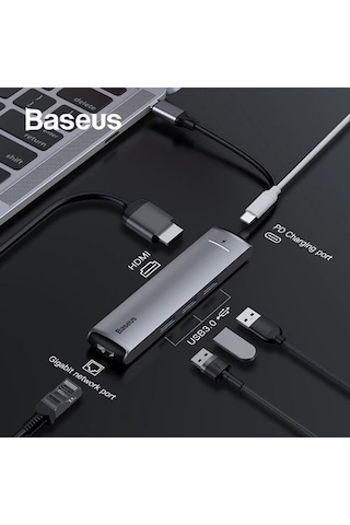 Baseus Usb Type C 6In1 Hdmı 3X Usb 3.0 Rj45 Çoğaltıcı Adaptör