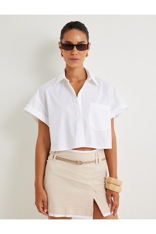 Koton Crop Gömlek Kısa Kollu Cep Detaylı Beyaz 4sak60177ew