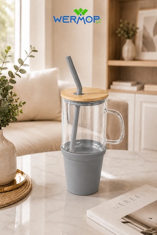 1000 Ml Cam Big Mug Bambu Kapaklı Çelik Pipetli Büyük Boy Kupa Termos Mor Antrasit