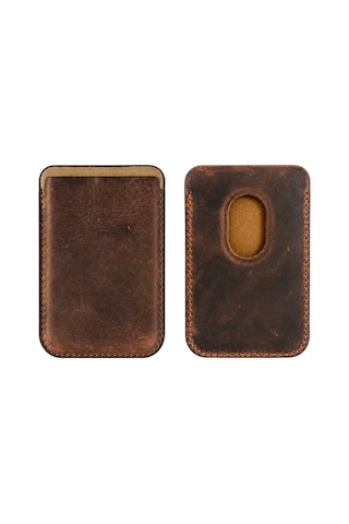 iPhone Uyumlu 16 Premium Hakiki Deri Cüzdan Magsafe Vintage Kahverengi
