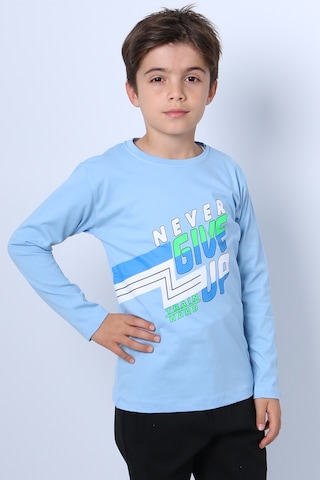 Hçm Erkek Çocuk Uzun Kollu Tshirt Never Give Up Baskılı Bisiklet Yaka D10 Açık Mavi