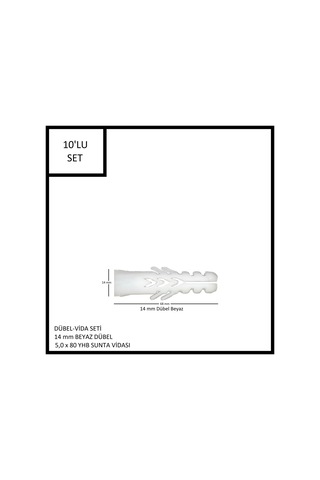 Dübel-vida Seti, Beyaz Dübel 14 Mm, 5,0x80 Yhb Sunta Vidası, 10 Adet