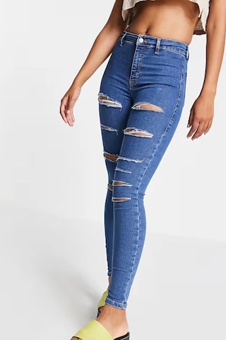 Yırtık Mavi Yüksek Bel Skinny Fit Jean Likralı Önü Cepsiz Tayt Pantolon