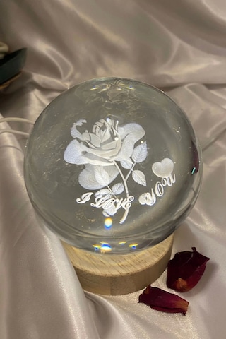 3d Led Işık Cam Küre Tek Renk Ahşap Gül I Love You Büyük Boy 10 Cm