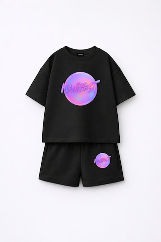 Fasardi Manifest Girls Logo Baskılı Oversize %100 Pamuk Tişört Şort 2li Çocuk Takım Siyah