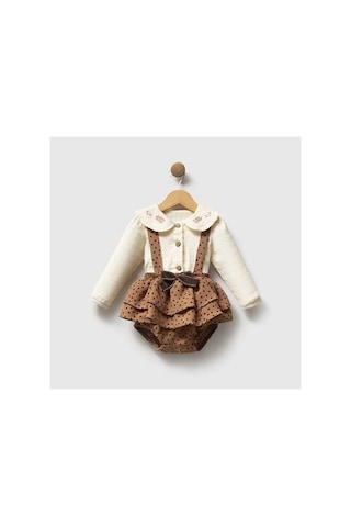 Ministok Mocha Bloom Yakası Nakış Detaylı Puantiyeli 2'li Kız Bebek Salope Kahverengi
