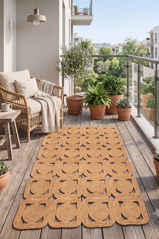 Jüt Hasır Kare Kilim Dekoratif Halı Yolluk Doğal Görünümlü Bohem Modern Ev Dekorasyonu Salon Oturma Mutfak Balkon Çocuk Odası 160kırçıllıhasır