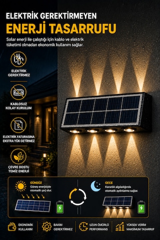 Solar Led Duvar Apliği 8 Ledli Bahçe Aydınlatması Güneş Enerjili Dış Mekan Bahçe Lambası, Su Geçirmez Sensörlü