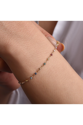14 Ayar Altın Kaplama Çok Renkli Doğal Taşlı El Yapımı Gümüş Bileklik - Cbs00131 Altın
