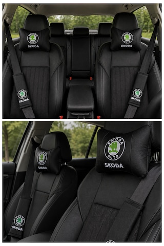 Skoda Auto Nakış Desenli Siyah Deri Araç Boyun Yastığı & Emniyet Kemer Pedi- Nakış İşlemeli Seyahat Konfor Seti
