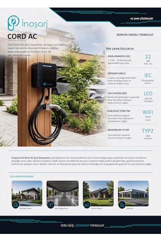 İnoşarj Cord Ac 22 Kw Wi-fi Entegre Kablolu Type 2 Elektrikli Araç Şarj İstasyonu