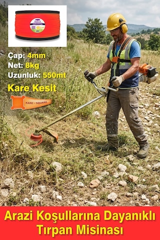 Arazi Koşullarına Dayanıklı Tırpan Misinası 4 mm Kare, 550 mt Profesyonel Ot - Çim Biçme Misinası, Motorlu Tırpan İpi