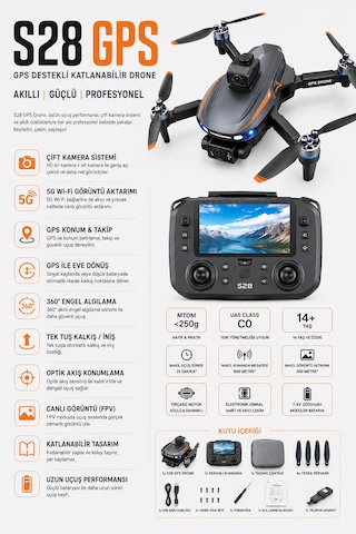 S28 Gps Drone Çift Kamera 5g Wi-fi 360 Engel Algılama Ekranlı Kumanda Katlanabilir Profesyonel Drone