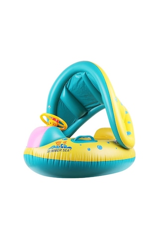 Qingmipy Bebek İçin Güneşlikli Yüzme Simidi - Döner Direksiyonlu, 0-3 Yaş Güvenli Yüzme Oyuncağı Sarı - Mavi
