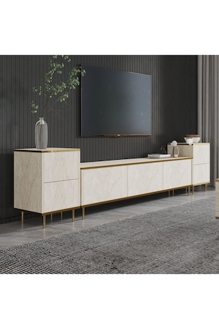 İmaj Tv Ünitesi Ve Komodin Set Traverten/gold, Oturma Odası Set, Tv Sehpası - Traverten Traverten