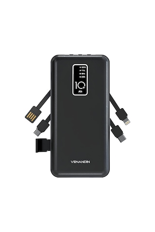 Venandin Pwb10c1 10.000 Mah Powerbank 4 Ü 1 Arada Entegre Kablolu Led Göstergeli Taşınabilir Şarj Cihazı Siyah