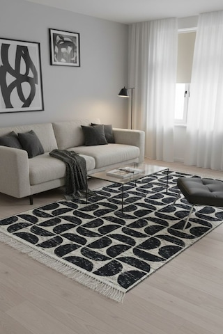 Siyah Modern Geometrik Desenli Kilim Makinede Yıkanabilir Renkli