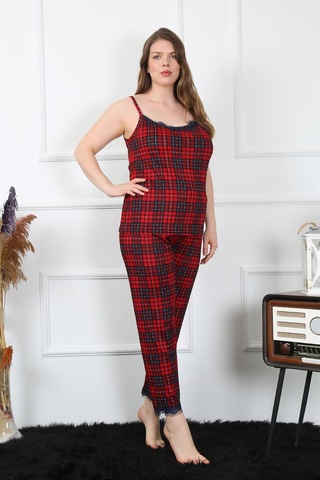 Akbeniz Kadın Büyük Beden Kırmızı Ekoseli İp Askılı Pijama Takım 202197 Kırmızı