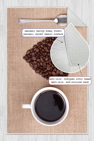 Dijital Baskılı Dekoratif Kaymaz Taban Yıkanabilir Kahve Desenli Halı Mutfak Halısı Yolluk Salon Halısı Krem