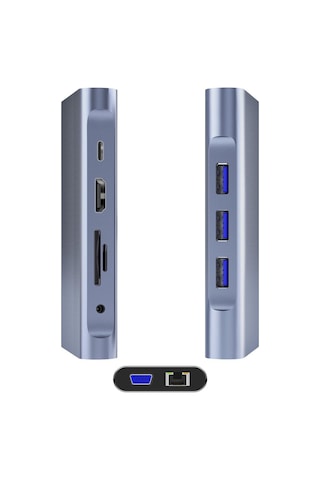 DM CHB055 Type-C to HDMI VGA RJ45 Ethernet 3*USB 3.0 Aux PD TF SD Kart Okuyucu Dönüştürücü