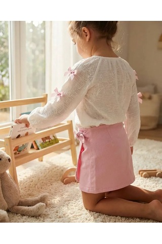 Mutlu Bebe %100 Pamuk Bayramlık Kız Çocuk Şort Etekli Takım Fiyonklu Bluz Ve Pembe Şort Etek 2 Li Şık Kombin Beyaz
