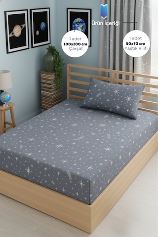 Yıldız Desenli Yastık Kılıflı Tek Kişilik Lastikli Çarşaf Takımı 100x200 Cm Çarşaf+yastık Kılıfı Gri