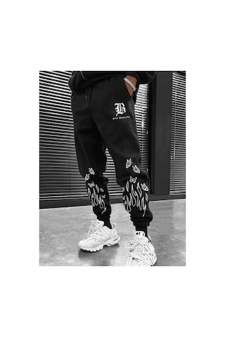 Tarzsokak Legnd Fire & Letter Graphic Drawstring Waist Eşofman Altı Siyah