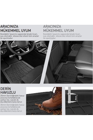 Üniversal 3d Paspas Takımı Havuzlu Her Araca Uyumlu 5 Parça Tam Set Kaymaz Taban Kesilebilir Pars Siyah 1 Adet