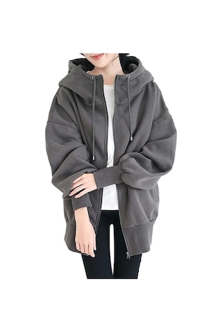 Novahub Uzun Kollu Kapüşonlu Bağcıklı Cep Fermuarlı Hırka Kazak Sweatshirt Kadın İlkbahar Ve Sonbahar Peluş Kazak Büyük Beden S-5xl Gri - Xl Gri