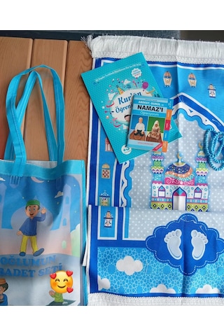 Seccade Erkek Çanta Set Tesbih Namaz Ögrenme Kitabı Elif Ba Mavi