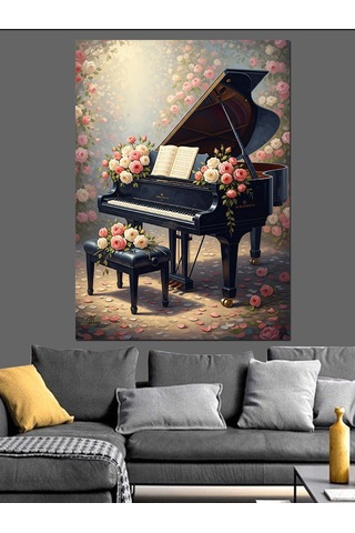 Ahşap Tablo Piyano Ve Çiçekler Müzik Teması