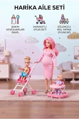 Hamile Anne Ve Bebekleri 3 Bebekli Dönen Karınlı Haraketli Eklemli Aksesuarlı Oyuncak Bebek Seti Pembe