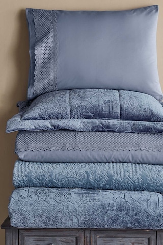 Elart Çeyiz Paketi 10 Parça Yatak Örtüsü+nevresim Takımı+battaniye Nüans Mavi