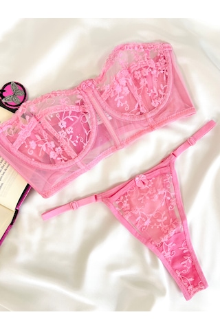 Arinda Candice Pembe Çiçek Desenli Brode İşlemeli Tek Renk Balenli Kapsız Askıları Çıkarılabilir Bralette Sütyen Tanga Alt Üst İç Çamaşırı Takımı 2 Parça