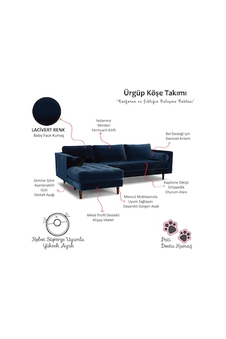 Ürgüp Modern Köşe Koltuk Takımı - Lacivert - Sol Köşe - Baby Face Yumuşak Kumaş Lacivert
