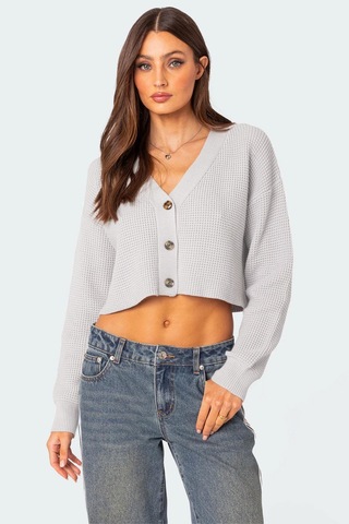 Madmext Gri Uzun Kollu Düğmeli Crop Hırka Mg2198 Gri