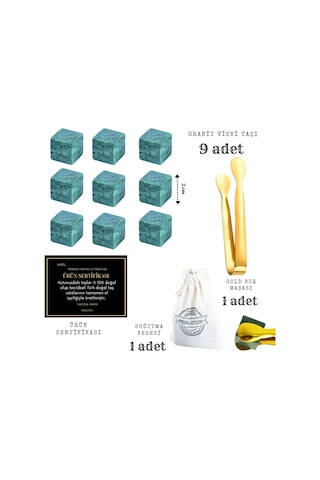 Perlotus 9'lu Granit Mermer Viski Taşı Ve Buz Maşası Seti