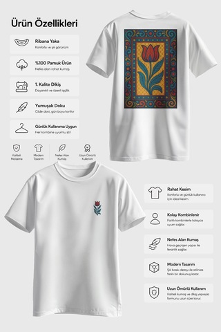 Spoyi Osmanlı Lalesi Tasarımlı %100 Pamuk Yarım Oversize Beyaz T-shirt