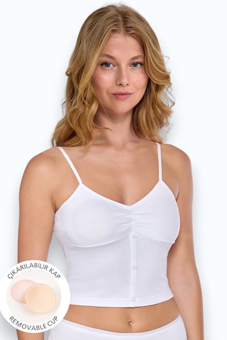 Fanilam Çıkarılabilen Ped'li Kadın Crop Atlet - Berrak Düğme Detaylı Crop Atlet Beyaz