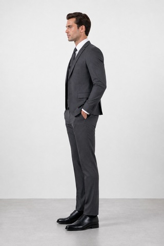 Bihan Store Erkek 6 Drop Slim Fit Yelekli Takım Elbise Çift Yırtmaç Altın Kuş Gözü - Füme Fümel